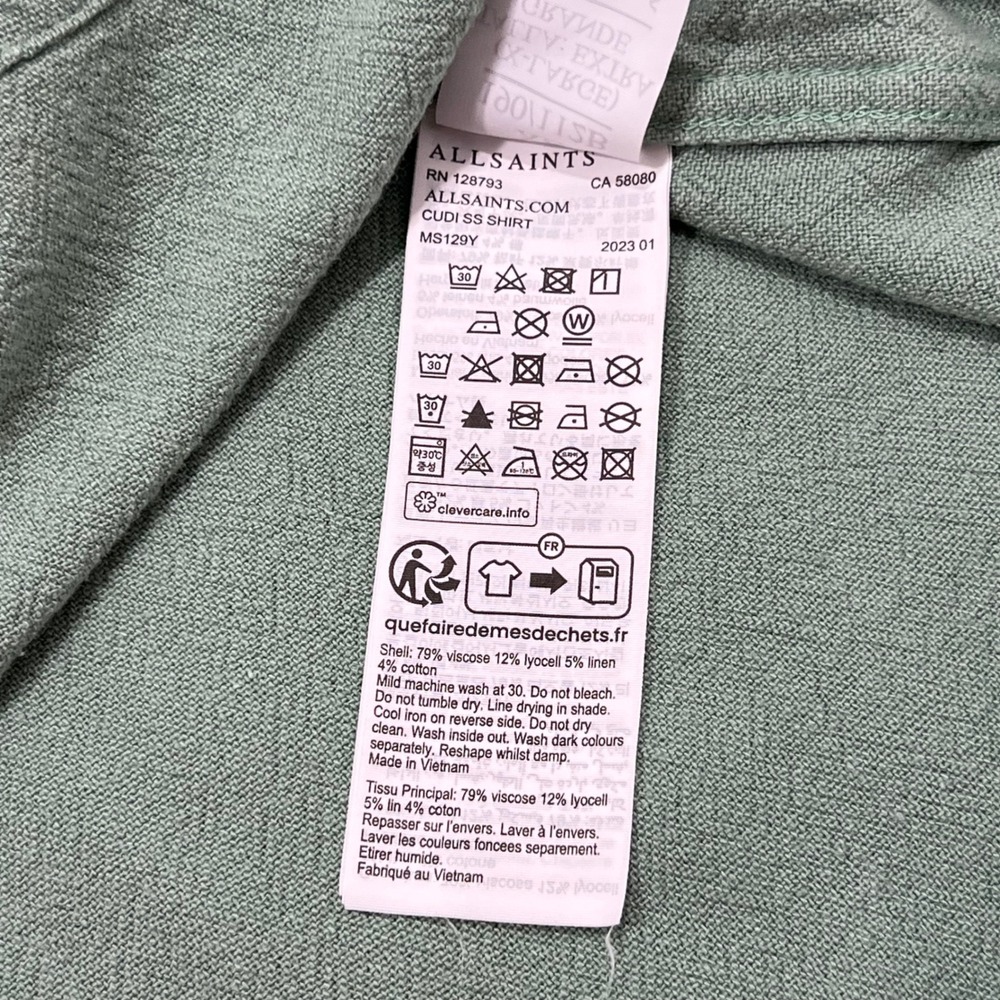 AllSaints Relaxed Fit Cudi Camp Collar Shirt Sage Green Mens XL Linen Blend - Picture 9 of 9